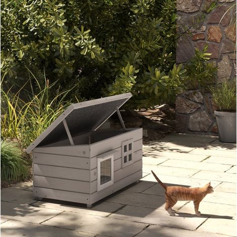 Caseta para gato de madera gris y blanca 87 x 52 x 44 cm con techo abatible DESVIAE (1/5)