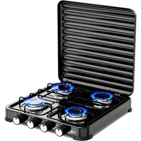 Réchaud à gaz 4 brûleurs avec couvercle  Cuisinière portable  Gaz butane et propane  Corps en acier inoxydable  Chaleur régl (1/5)