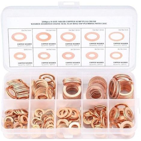 Cuivre Rondelles Metal, Joints Bague D'étanchéité, Rondelles Plates, Joint Torique avec Boîte pour L'étanchéité - 200 Pcs/M5 M6 M8 M10 M12 M14-LIAIKI (1/5)