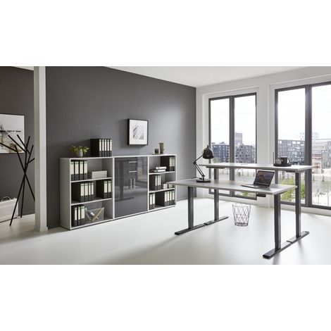BMG Möbel Büromöbel-Set, e-Office Edition Set 14, Schreibtisch höhenverstellbar, 138 cm, grau/ anthrazit hochglanz