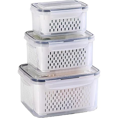 Boite Conservation Alimentaire Organisateur Rangement Frigo Boite De Rangement Frigo Avec Couvercle et Crible Séparable pour Fruits Légumes Salades Œufs 3,15L + 1,7L + 0,8L (1/5)