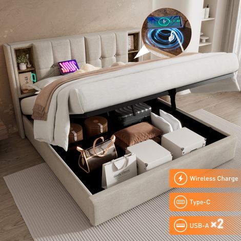 Seyakany Lit double rembourré avec chargement sans fil+USB-C,lit coffre 180x200,cadre de lit 180x200 avec sommier à lattes,lin,naturel (1/5)
