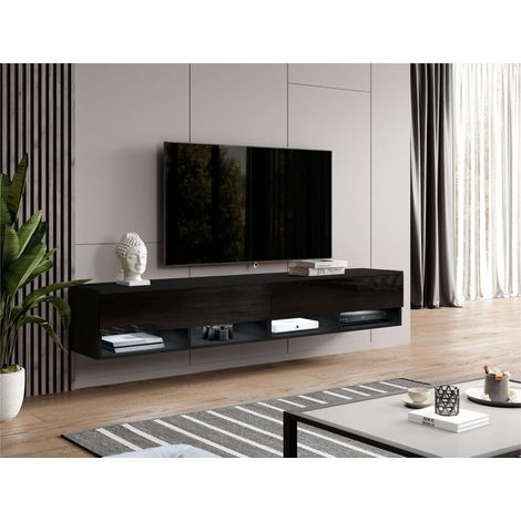 FURNIX Armoire TV ALYX 200 cm Buffet bas moderne noir/noir brillant