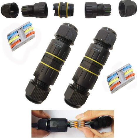 Scatola di Giunzione Esterna IP68 Impermeabile Connettore per Cavi Elettrici Scatola di Collegamento a 3 Vie Connettori Scatola per Cavi da 9 a 12mm (2 Pezzi), Nylon (1/4)