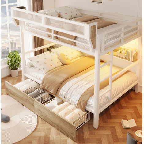 Cama litera moderna de metal y MDF blanca 140x200 cm con estantería, 2 cajones, cesta lateral y LED (1/5)
