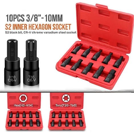 Coffret de 10 douilles Torx/hexagonales 3/8" H3-14/T20-60 avec étui rouge, kit d'outils professionnel pour l'entretien automobile. (1/5)