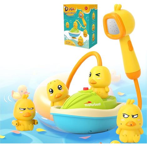Jouets de Bain pour Bébé,Jeu d'eau Jouet de Piscine,Pommeau de Douche Détachable Canard Bébé + 3 Canard Jouets de Bain & Pompe à Eau Électrique Bateau,pour Garcon Fille, Jouets (1/5)