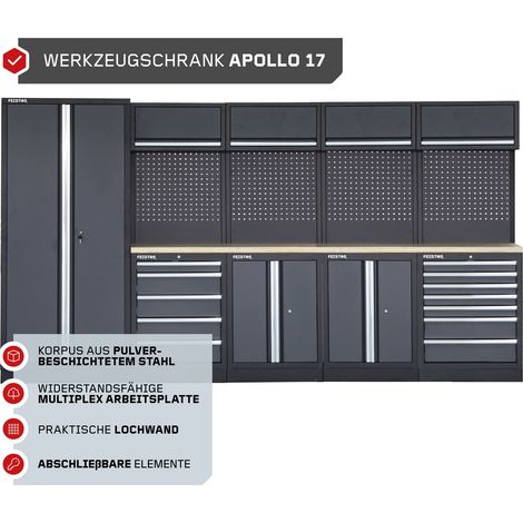 FEISTOS Werkstatteinrichtung Werkzeugschrank Apollo 17 inkl. Lochwand Grau/Schwarz 364x46x200 cm (1/5)