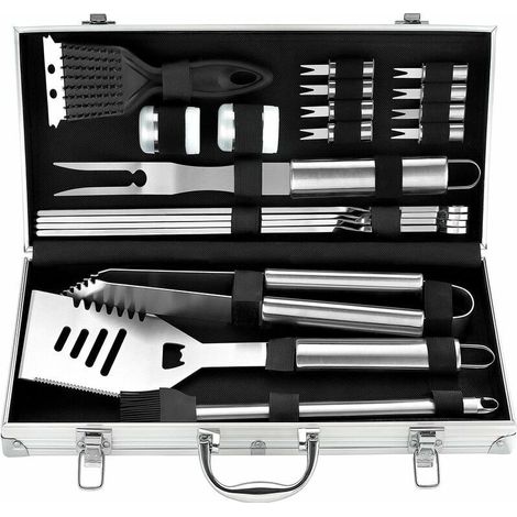 Kit Barbecue - 20 PC en Acier Inoxydable Barbecue Ustensiles de Gril dans Un Boîtier en Aluminium - Barbecue Ensemble d'outils pour Camping Voyage Jardin - Idee de Cadeau Homme Femmes