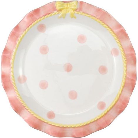 1 Assiette, Céramique, Bordure dentelle, Nœud papillon, Pois roses, 20 cm, Dessert, Fruits, Glaces