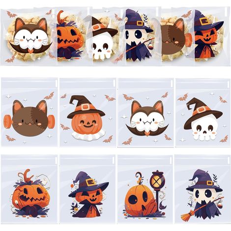 FLITI 200 Sachets Transparent Halloween 10x10+3cm Autocollant Pochons Bonbons Confiseries Cadeaux Fête (1/5)