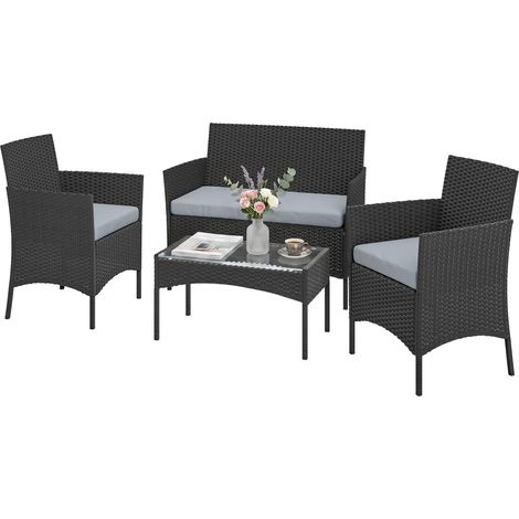 Salon de jardin résine tressée 4 places canapés table verre trempé coussins gris (1/5)