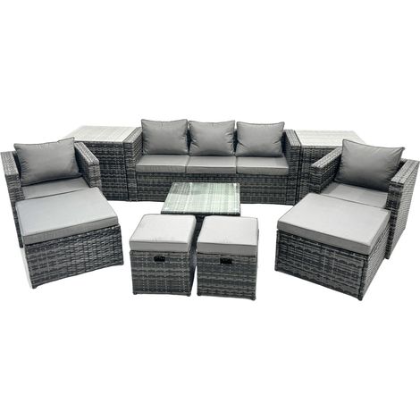 Fimous Outdoor Rattan Garden Furniture Set 9 Seater Patio Lounge Sofa Set with Armchair Square Coffee Table 2 Side Tables 4 Footstool Dark Grey Mixed (1/5)