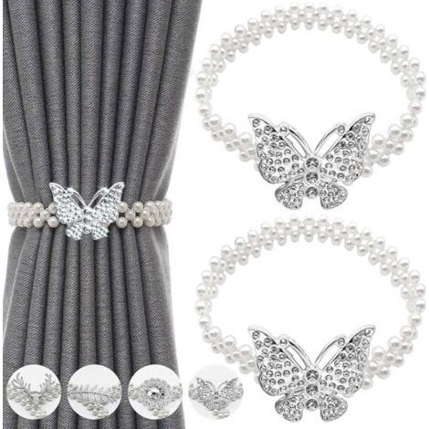 (Perle Papillon Argenté)Embrasse pour Rideaux,Lot de 2 Attache Rideau en Réglables avec Fil à Ressort,Attaches Rideaux avec Butterfly et Perles,Pas (1/5)