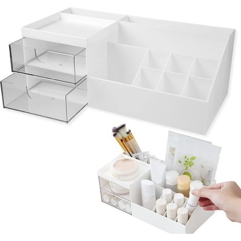 Organiseur de cosmétiques beige en plastique avec deux tiroirs pour bureau chambre et salle de bain rangement (1/5)