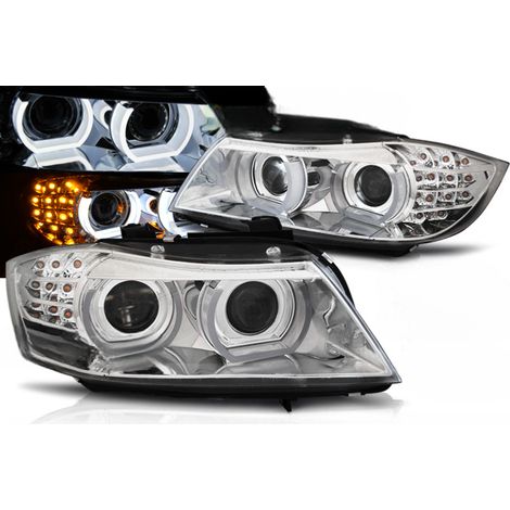 Paire feux phares BMW E90/E91 de 2009 a 2011 Xenon Angel Eyes Led DRL Chrome-33021538 (1/4)
