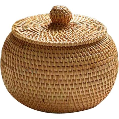 Panier De Rangement - Rotin Naturel - Avec Couvercle Rond - 15 X 12 Cm - Pour Chambre Salon Bureau Cuisine - 1 Pièce