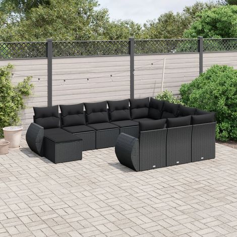 11-tlg. Garten-Sofagarnitur mit Kissen Schwarz Poly Rattan (1/3)