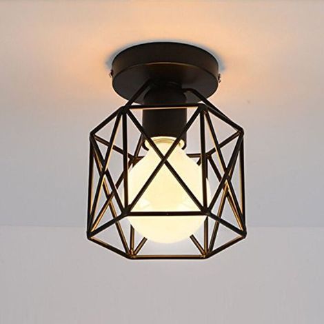 Industrielle quadratische Deckenleuchte mit Metallkäfig, 15 cm Kronleuchter, Lampenschirm aus Eisen, E27, 40 W, Schwarz, für Wohnzimmer, Schlafzimmer, Bar (Sechseck) (1/5)