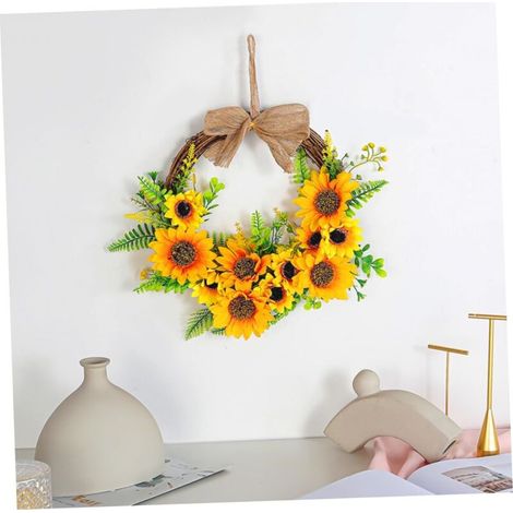 Couronne de tournesol printemps-été – feuilles vertes, fleurs, porte/fenêtre/mur/jardin (1/4)
