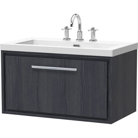 Longnor 1 Drawer Wall Hung Vanity Unit with 3 Tap Hole Modern Fireclay Basin, Woodgrain Graphite Grey, 800mm (1/4)