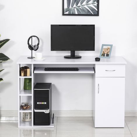 Escritorio para ordenador, mesa multimedia con múltiples compartimentos de almacenamiento, estante, cajón, bandeja para teclado, MDF, 120 x 60 x 74 cm, blanco