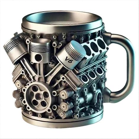 Kaffeebecher aus Edelstahl im Design eines V6-Motors mit isoliertem Griff – ideal für Autoenthusiasten. Das perfekte Geschenk für Autoliebhaber. (1/5)