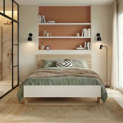 Lit 140x190 cm avec tête de lit décor chêne et blanc - ARLO (1/5)