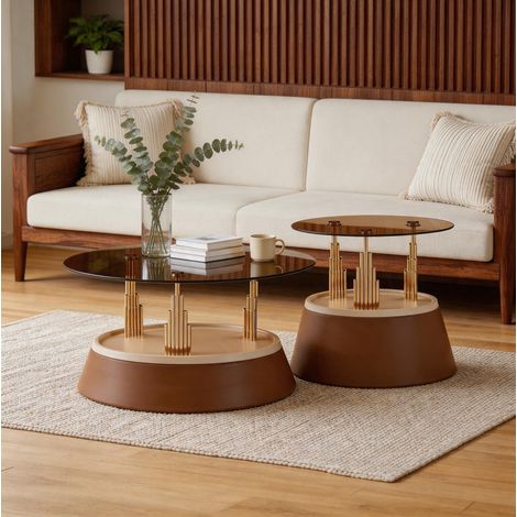 Mesa de centro de 2 piezas con tablero de vidrio templado, estructura metálica y color marrón HAVRYA (1/5)