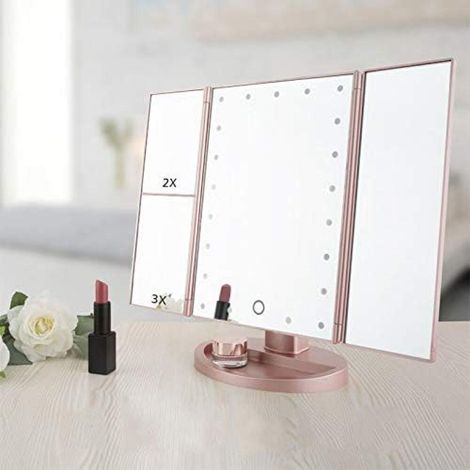 Dreiteiliger, faltbarer Kosmetikspiegel mit Touch-Funktion, LED-Beleuchtung, 2-facher und 3-facher Vergrößerung, beleuchteter Kosmetikspiegel. (1/5)