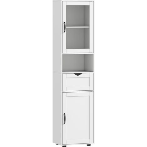 Mobile a Colonna Bagno 40x30x165 cm con 2 Armadietti Cassetto e Ripiano Aperto in Legno Bianco (1/5)