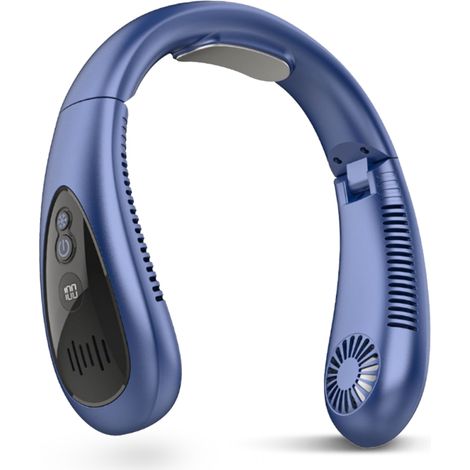 Ventilateur de Cou Portable – Flux Rafraîchissant – Batterie 5000 mAh Rechargeable USB – 3 Vitesses, Design Écouteurs – Mains Libres, Sans Pales – Bleu Foncé (1/5)