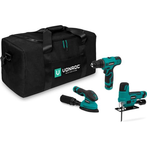 VONROC Werkzeug-Set 12V – Inkl. 3 Maschinen, 3 Akkus und Werkzeugtasche