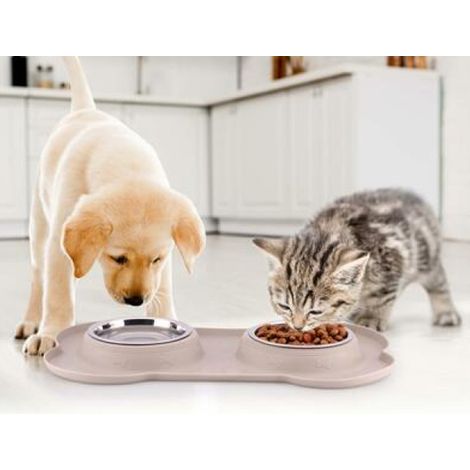 Ciotola per Animali Doppia con Vassoio in Silicone Capienza 2x150 ml Cani Gatti