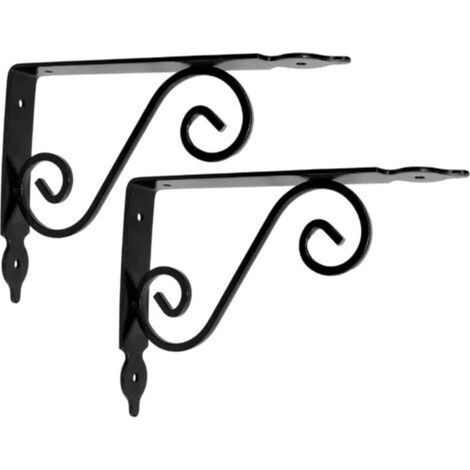 Lot de 2 Consoles d'étagères décoratives 200x126x25 mm - couleur: noir - "effet fer forgé" supports équerres renforcées à angle droit - pour fixation murale - en acier (1/4)