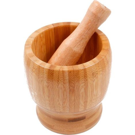 Ensemble mortier et pilon de 12 cm en bambou avec moulin à épices, presse à pilules, broyeur à épices et bol en forme de C (1/4)