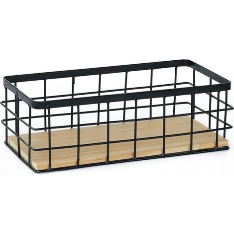 Aufbewahrungskorb aus Eisen (mit Holzablage unten), Kosmetikkorb, Badezimmer, Büro, Wandregal – Schwarz (1/5)