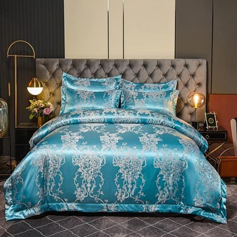 Bettwäsche Satin 200x200 cm Blau mit Blumenmuster, kühlend, 3-teilig