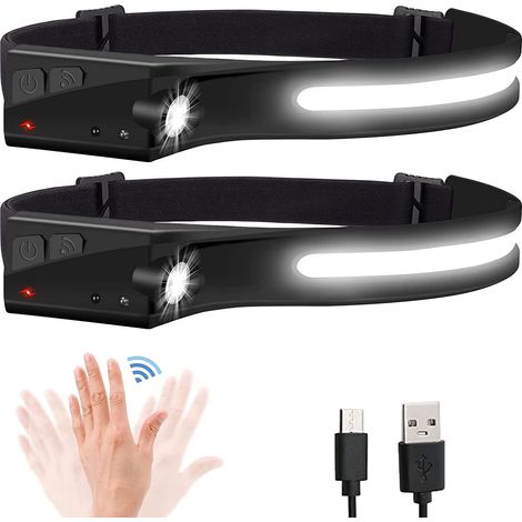 Linterna frontal recargable COB (paquete de 2) de 300 lúmenes, haz de luz amplio de 230°, 5 modos de iluminación, ligera e impermeable para correr, acampar y hacer senderismo. (1/4)
