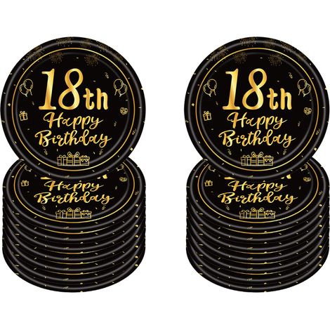 Assiette Jetable 7 Pouces Noir Gold, Anniversaire Décoration 18 Ans, Dessert Assiette pour Fêtes Joyeuses, Kit Vaisselle Jetable Anniversaire (1/5)