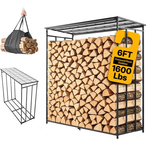 VEVOR Range-buches Exterieur avec Toit PVC 185,5 cm Porte-buches Metal Noir pour Cheminee, Terrasse, Cour, Charge 730 kg, Tubes Acier Carbone, Support a Bois de Chauffage Robuste avec Sac Transport (1/5)