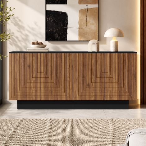 Aparador - 160 x 40 x 75 cm - 4 puertas con frente texturizado sin tiradores mueble de salón - estilo moderno - MDF - nogal (1/5)