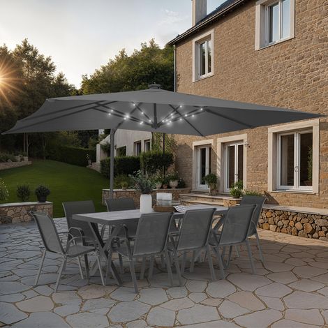 Parasol basculante giratorio 360° CALVI LED gris 3x4 M off-set con cubierta
