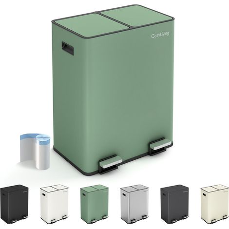 Premium Stainless Steel Dual Compartment Pedal Bin 30L+30L GREEN (1/5)
