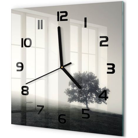 Horloge Murale Carrée Objet Décoratif en Verre Silencieuse pour Salon Arbre solitaire 30x30 cm