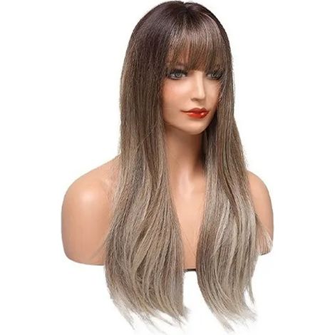 Perruque ondulée longue, dégradé blond doré et brun, en fibres synthétiques, sans colle, avec bonnet ajustable et boucles. (1/5)