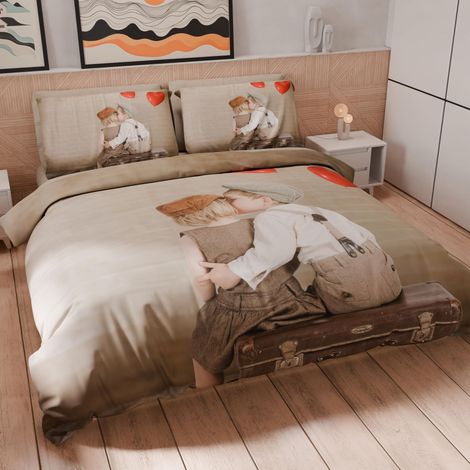 Housse de Couette 1 Place 150x200 cm 1 Taie 50x80 cm Incluse, Parure en Microfibre Imprimée Bisou (1/5)