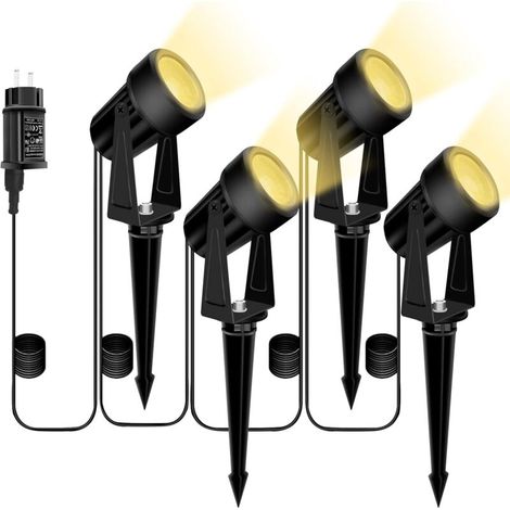 Spot LED Extérieur DC12V, Lot de 4 Spot Éclairage à Piquer, 14M Exterieur Projecteur LED Eclairage, 2700K Blanc Chaud Pour Jardin, Chantier, Aire de Jeux, Terrain de Basket [Classe énergétique F] (1/5)