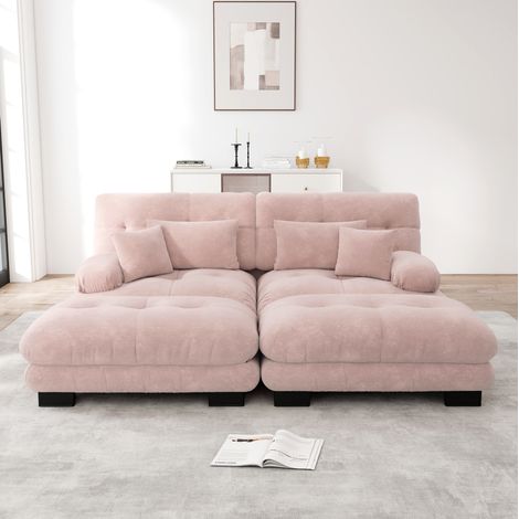 Divano angolare modulare in ciniglia rosa con 2 pouf e 4 cuscini DESVIAE (1/5)