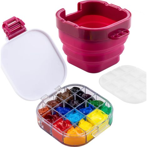 Palette de 16 cavités avec rondelle de pinceau pliable, portable 3 en 1 avec nettoyant pour pinceaux et porte-pinceaux pour aquarelle, huile, acrylique, gouache, rouge (1/5)